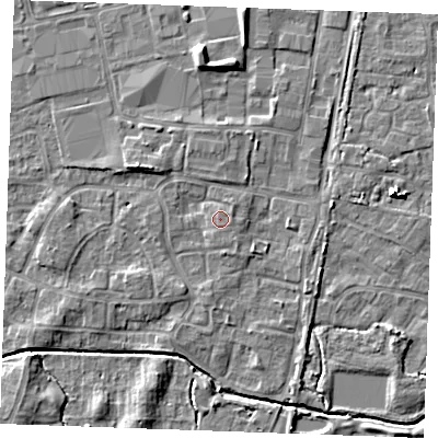 Shaded relief map of the ground around PE302LW, computed from Environment Agency LiDAR. The ground here sits at about 4 m above sea level and falls 6 m across the surrounding 800 m. Surface water reaching this point runs off ground lying to the east-north-east, 0.8 m higher.