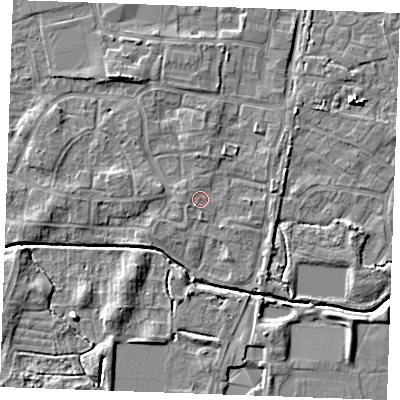 Shaded relief map of the ground around PE302LX, computed from Environment Agency LiDAR. The ground here sits at about 3 m above sea level and falls 6 m across the surrounding 800 m. Surface water reaching this point runs off ground lying to the west-north-west, 1.1 m higher.
