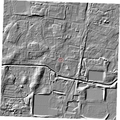 Shaded relief map of the ground around PE302LY, computed from Environment Agency LiDAR. The ground here sits at about 3 m above sea level and falls 6 m across the surrounding 800 m. Surface water reaching this point runs off ground lying to the north-north-west, 1.1 m higher.