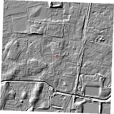 Shaded relief map of the ground around PE302LZ, computed from Environment Agency LiDAR. The ground here sits at about 4 m above sea level and falls 6 m across the surrounding 800 m. Surface water reaching this point runs off ground lying to the north, 0.9 m higher.