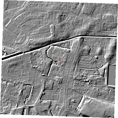 Shaded relief map of the ground around PE302NA, computed from Environment Agency LiDAR. The ground here sits at about 3 m above sea level and falls 6 m across the surrounding 800 m. Surface water reaching this point runs off ground lying to the east-north-east, 1.0 m higher.