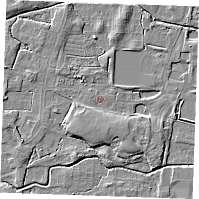 Shaded relief map of the ground around PE302NB, computed from Environment Agency LiDAR. The ground here sits at about 3 m above sea level and falls 6 m across the surrounding 800 m. Surface water reaching this point runs off ground lying to the south-south-east, 4.2 m higher.