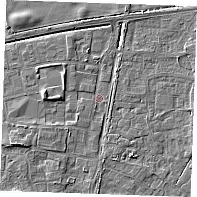 Shaded relief map of the ground around PE302ND, computed from Environment Agency LiDAR. The ground here sits at about 3 m above sea level and falls 7 m across the surrounding 800 m. Surface water reaching this point runs off ground lying to the west, 4.2 m higher.