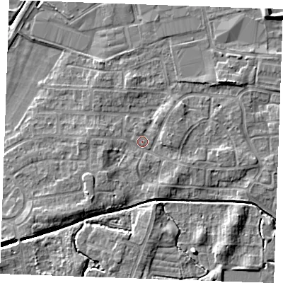 Shaded relief map of the ground around PE302NF, computed from Environment Agency LiDAR. The ground here sits at about 3 m above sea level and falls 6 m across the surrounding 800 m. Surface water reaching this point runs off ground lying to the east, 1.7 m higher.