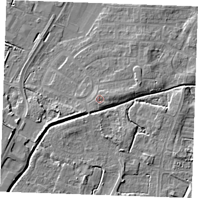 Shaded relief map of the ground around PE302NG, computed from Environment Agency LiDAR. The ground here sits at about 5 m above sea level and falls 9 m across the surrounding 800 m. Surface water reaching this point runs off ground lying to the east-north-east, 1.1 m higher.