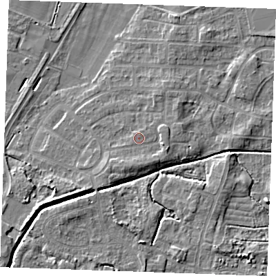 Shaded relief map of the ground around PE302NJ, computed from Environment Agency LiDAR. The ground here sits at about 4 m above sea level and falls 7 m across the surrounding 800 m. Surface water reaching this point runs off ground lying to the east-south-east, 1.8 m higher.