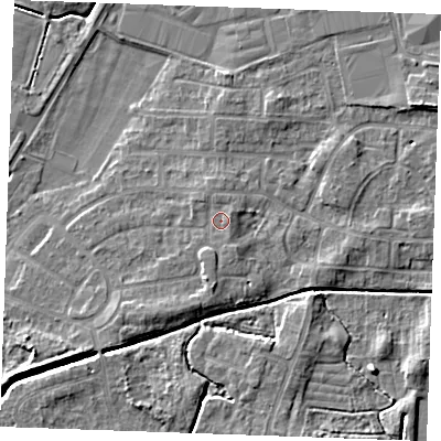 Shaded relief map of the ground around PE302NL, computed from Environment Agency LiDAR. The ground here sits at about 4 m above sea level and falls 5 m across the surrounding 800 m. Surface water reaching this point runs off ground lying to the east-north-east, 1.0 m higher.