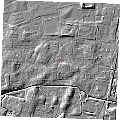 Shaded relief map of the ground around PE302NP, computed from Environment Agency LiDAR. The ground here sits at about 3 m above sea level and falls 6 m across the surrounding 800 m. Surface water reaching this point runs off ground lying to the south-east, 1.6 m higher.