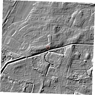 Shaded relief map of the ground around PE302NQ, computed from Environment Agency LiDAR. The ground here sits at about 5 m above sea level and falls 7 m across the surrounding 800 m. Surface water reaching this point runs off ground lying to the west-south-west, 3.8 m higher.