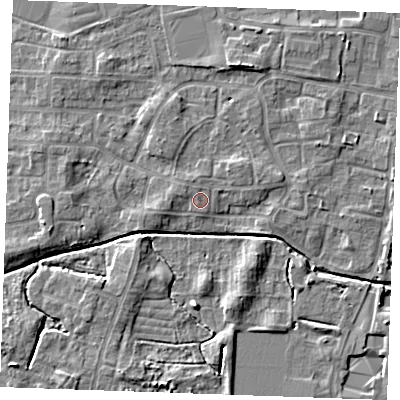 Shaded relief map of the ground around PE302NR, computed from Environment Agency LiDAR. The ground here sits at about 4 m above sea level and falls 4 m across the surrounding 800 m. Surface water reaching this point runs off ground lying to the north-east, 1.1 m higher.