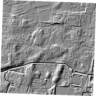 Shaded relief map of the ground around PE302NS, computed from Environment Agency LiDAR. The ground here sits at about 4 m above sea level and falls 4 m across the surrounding 800 m. Surface water reaching this point runs off ground lying to the east, 1.3 m higher.