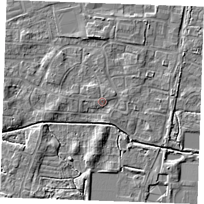 Shaded relief map of the ground around PE302NT, computed from Environment Agency LiDAR. The ground here sits at about 4 m above sea level and falls 5 m across the surrounding 800 m. The ground contributing surface water to this point lies to the north-north-west.