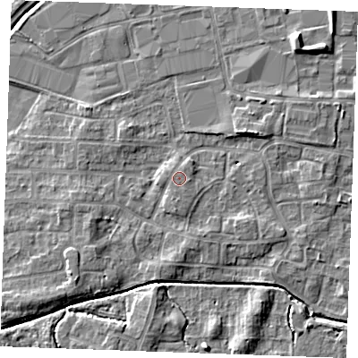 Shaded relief map of the ground around PE302NU, computed from Environment Agency LiDAR. The ground here sits at about 4 m above sea level and falls 7 m across the surrounding 800 m. The ground contributing surface water to this point lies to the south-south-east.