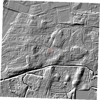 Shaded relief map of the ground around PE302NW, computed from Environment Agency LiDAR. The ground here sits at about 3 m above sea level and falls 4 m across the surrounding 800 m. Surface water reaching this point runs off ground lying to the north-east, 1.7 m higher.