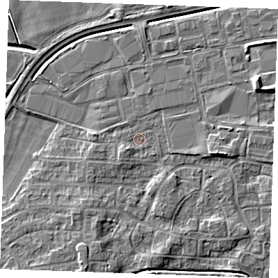 Shaded relief map of the ground around PE302NX, computed from Environment Agency LiDAR. The ground here sits at about 3 m above sea level and falls 7 m across the surrounding 800 m. Surface water reaching this point runs off ground lying to the east-north-east, 4.6 m higher.