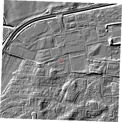 Shaded relief map of the ground around PE302NY, computed from Environment Agency LiDAR. The ground here sits at about 3 m above sea level and falls 7 m across the surrounding 800 m. Surface water reaching this point runs off ground lying to the east-north-east, 4.6 m higher.