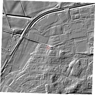 Shaded relief map of the ground around PE302NZ, computed from Environment Agency LiDAR. The ground here sits at about 3 m above sea level and falls 7 m across the surrounding 800 m. Surface water reaching this point runs off ground lying to the south-east, 1.7 m higher.