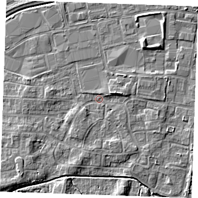 Shaded relief map of the ground around PE302PA, computed from Environment Agency LiDAR. The ground here sits at about 3 m above sea level and falls 7 m across the surrounding 800 m. Surface water reaching this point runs off ground lying to the east-north-east, 3.5 m higher.