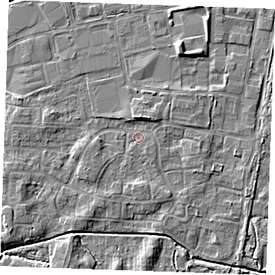 Shaded relief map of the ground around PE302PB, computed from Environment Agency LiDAR. The ground here sits at about 3 m above sea level and falls 7 m across the surrounding 800 m. Surface water reaching this point runs off ground lying to the south, 2.5 m higher.