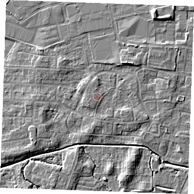 Shaded relief map of the ground around PE302PD, computed from Environment Agency LiDAR. The ground here sits at about 4 m above sea level and falls 6 m across the surrounding 800 m. Surface water reaching this point runs off ground lying to the west-south-west, 0.9 m higher.