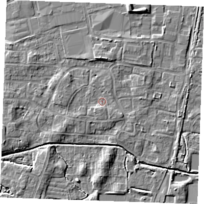 Shaded relief map of the ground around PE302PE, computed from Environment Agency LiDAR. The ground here sits at about 3 m above sea level and falls 6 m across the surrounding 800 m. Surface water reaching this point runs off ground lying to the south, 2.1 m higher.