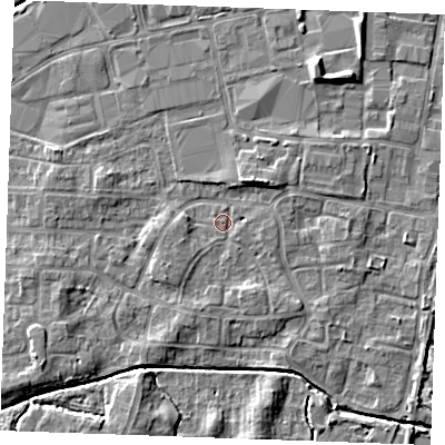 Shaded relief map of the ground around PE302PF, computed from Environment Agency LiDAR. The ground here sits at about 3 m above sea level and falls 7 m across the surrounding 800 m. Surface water reaching this point runs off ground lying to the north-east, 3.5 m higher.