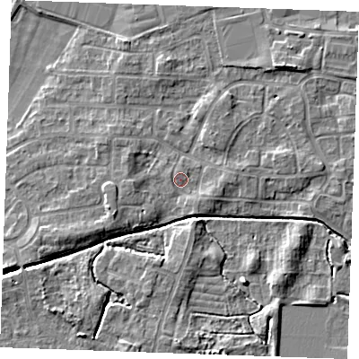 Shaded relief map of the ground around PE302PG, computed from Environment Agency LiDAR. The ground here sits at about 4 m above sea level and falls 4 m across the surrounding 800 m. Surface water reaching this point runs off ground lying to the east-south-east, 1.4 m higher.