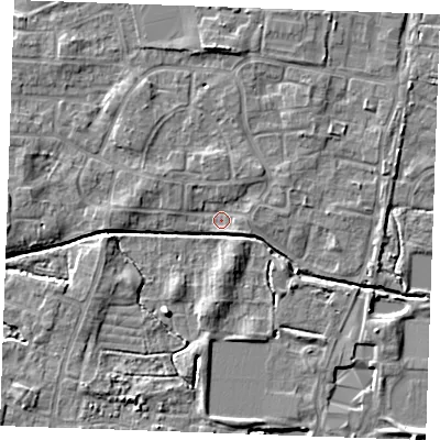 Shaded relief map of the ground around PE302PH, computed from Environment Agency LiDAR. The ground here sits at about 3 m above sea level and falls 5 m across the surrounding 800 m. Surface water reaching this point runs off ground lying to the north, 2.2 m higher.
