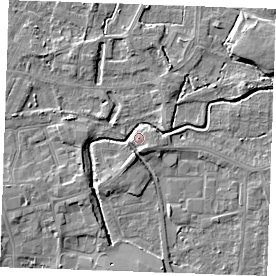 Shaded relief map of the ground around PE302PP, computed from Environment Agency LiDAR. The ground here sits at about 5 m above sea level and falls 6 m across the surrounding 800 m. Surface water reaching this point runs off ground lying to the south-south-west, 5.4 m higher.