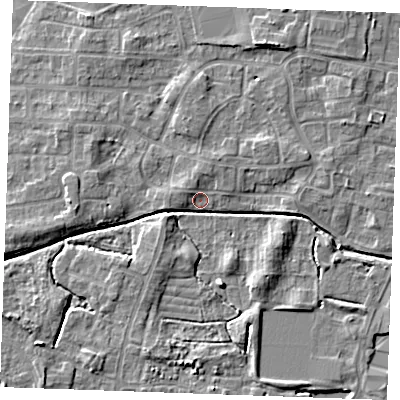 Shaded relief map of the ground around PE302PQ, computed from Environment Agency LiDAR. The ground here sits at about 3 m above sea level and falls 5 m across the surrounding 800 m. Surface water reaching this point runs off ground lying to the west-south-west, 3.5 m higher.
