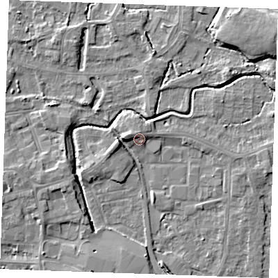 Shaded relief map of the ground around PE302PR, computed from Environment Agency LiDAR. The ground here sits at about 5 m above sea level and falls 6 m across the surrounding 800 m. Surface water reaching this point runs off ground lying to the west-north-west, 2.9 m higher.