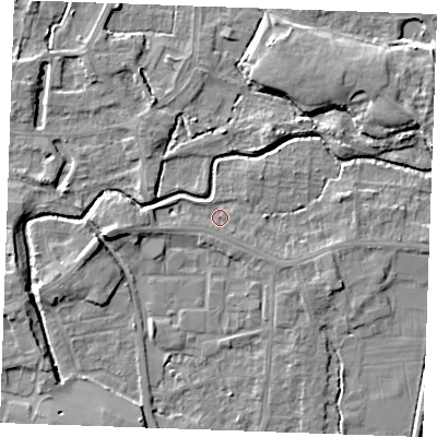 Shaded relief map of the ground around PE302PS, computed from Environment Agency LiDAR. The ground here sits at about 3 m above sea level and falls 6 m across the surrounding 800 m. Surface water reaching this point runs off ground lying to the west, 3.3 m higher.