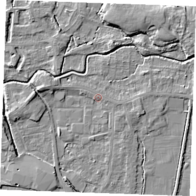 Shaded relief map of the ground around PE302PT, computed from Environment Agency LiDAR. The ground here sits at about 4 m above sea level and falls 6 m across the surrounding 800 m. Surface water reaching this point runs off ground lying to the east-south-east, 2.2 m higher.