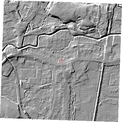 Shaded relief map of the ground around PE302PU, computed from Environment Agency LiDAR. The ground here sits at about 3 m above sea level and falls 6 m across the surrounding 800 m. Surface water reaching this point runs off ground lying to the east-south-east, 1.6 m higher.