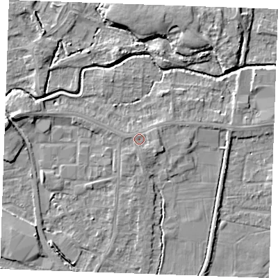 Shaded relief map of the ground around PE302PX, computed from Environment Agency LiDAR. The ground here sits at about 4 m above sea level and falls 6 m across the surrounding 800 m. Surface water reaching this point runs off ground lying to the east-south-east, 1.2 m higher.