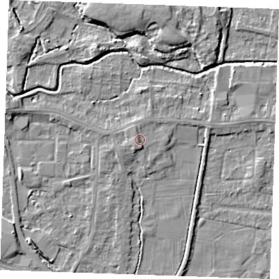 Shaded relief map of the ground around PE302PY, computed from Environment Agency LiDAR. The ground here sits at about 4 m above sea level and falls 5 m across the surrounding 800 m. Surface water reaching this point runs off ground lying to the north-north-west, 0.8 m higher.