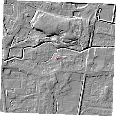 Shaded relief map of the ground around PE302PZ, computed from Environment Agency LiDAR. The ground here sits at about 4 m above sea level and falls 6 m across the surrounding 800 m. Surface water reaching this point runs off ground lying to the south-south-east, 0.9 m higher.