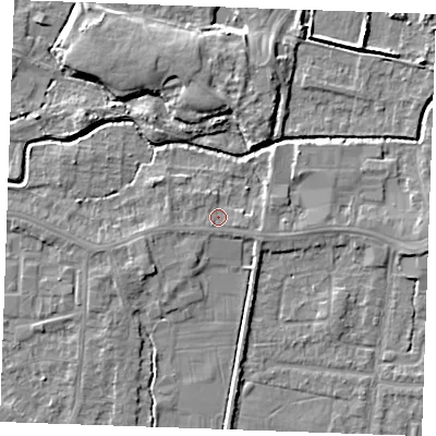 Shaded relief map of the ground around PE302QA, computed from Environment Agency LiDAR. The ground here sits at about 4 m above sea level and falls 5 m across the surrounding 800 m. Surface water reaching this point runs off ground lying to the east-south-east, 0.9 m higher.