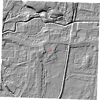 Shaded relief map of the ground around PE302QB, computed from Environment Agency LiDAR. The ground here sits at about 4 m above sea level and falls 5 m across the surrounding 800 m. Surface water reaching this point runs off ground lying to the west, 1.3 m higher.