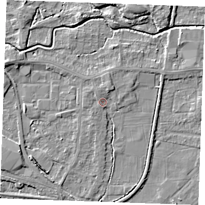 Shaded relief map of the ground around PE302QD, computed from Environment Agency LiDAR. The ground here sits at about 3 m above sea level and falls 5 m across the surrounding 800 m. Surface water reaching this point runs off ground lying to the north-west, 0.8 m higher.