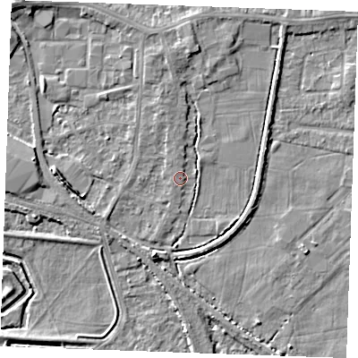 Shaded relief map of the ground around PE302QE, computed from Environment Agency LiDAR. The ground here sits at about 3 m above sea level and falls 5 m across the surrounding 800 m. Surface water reaching this point runs off ground lying to the north-north-west, 1.0 m higher.