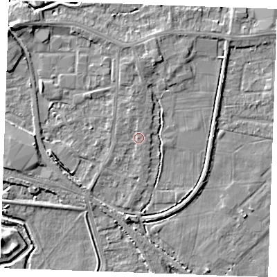Shaded relief map of the ground around PE302QF, computed from Environment Agency LiDAR. The ground here sits at about 3 m above sea level and falls 6 m across the surrounding 800 m. Surface water reaching this point runs off ground lying to the north, 1.1 m higher.