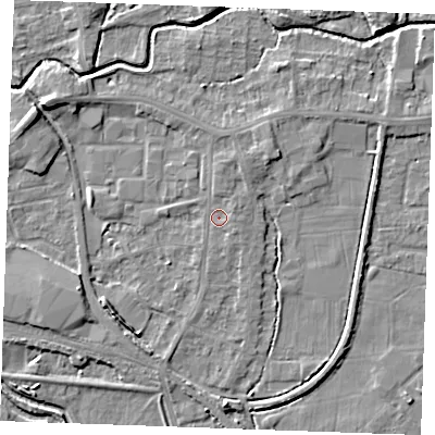 Shaded relief map of the ground around PE302QG, computed from Environment Agency LiDAR. The ground here sits at about 3 m above sea level and falls 6 m across the surrounding 800 m. Surface water reaching this point runs off ground lying to the north, 1.0 m higher.