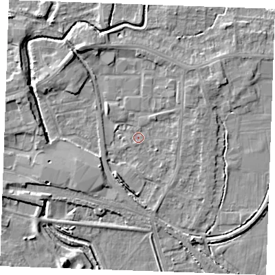Shaded relief map of the ground around PE302QH, computed from Environment Agency LiDAR. The ground here sits at about 3 m above sea level and falls 6 m across the surrounding 800 m. Surface water reaching this point runs off ground lying to the south-south-west, 3.2 m higher.