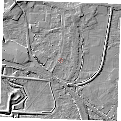 Shaded relief map of the ground around PE302QJ, computed from Environment Agency LiDAR. The ground here sits at about 3 m above sea level and falls 6 m across the surrounding 800 m. Surface water reaching this point runs off ground lying to the north-east, 0.7 m higher.