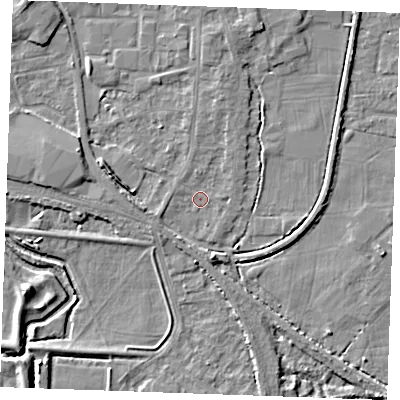 Shaded relief map of the ground around PE302QL, computed from Environment Agency LiDAR. The ground here sits at about 3 m above sea level and falls 7 m across the surrounding 800 m. Surface water reaching this point runs off ground lying to the north-north-east, 1.4 m higher.