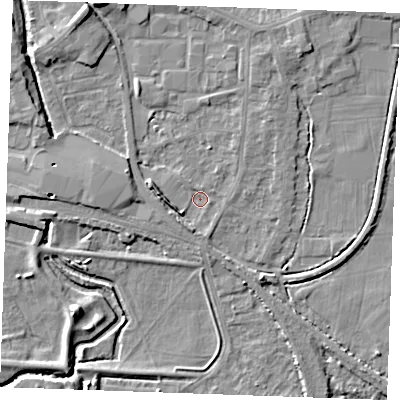 Shaded relief map of the ground around PE302QN, computed from Environment Agency LiDAR. The ground here sits at about 3 m above sea level and falls 6 m across the surrounding 800 m. Surface water reaching this point runs off ground lying to the west, 3.1 m higher.