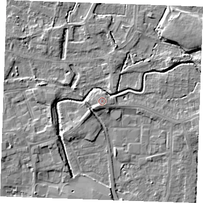 Shaded relief map of the ground around PE302QP, computed from Environment Agency LiDAR. The ground here sits at about 5 m above sea level and falls 6 m across the surrounding 800 m. Surface water reaching this point runs off ground lying to the south-south-west, 1.3 m higher.