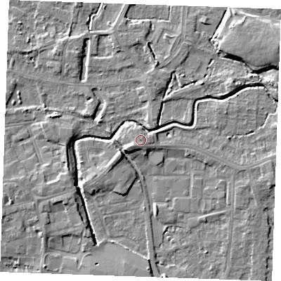 Shaded relief map of the ground around PE302QR, computed from Environment Agency LiDAR. The ground here sits at about 5 m above sea level and falls 6 m across the surrounding 800 m. Surface water reaching this point runs off ground lying to the south-west, 1.5 m higher.