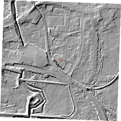 Shaded relief map of the ground around PE302QS, computed from Environment Agency LiDAR. The ground here sits at about 3 m above sea level and falls 6 m across the surrounding 800 m. Surface water reaching this point runs off ground lying to the south-south-west, 2.4 m higher.
